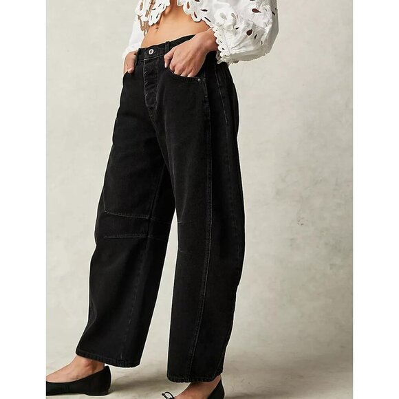 Women's Baggy Boyfriend Jeans Vintage Wide Leg Mid Rise Casual Denim Pants - Picture 2 of 5